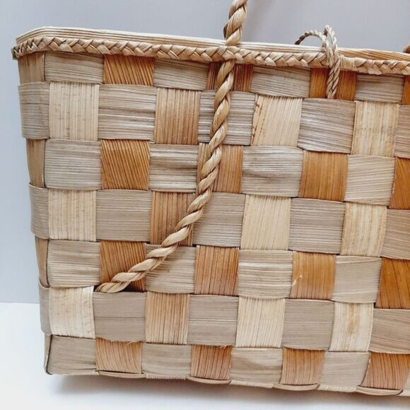 Vintage Hand Made Wide Woven Leaf Large Beach Tote Summer Bag Rope Handle Beige - Picture 9 of 15